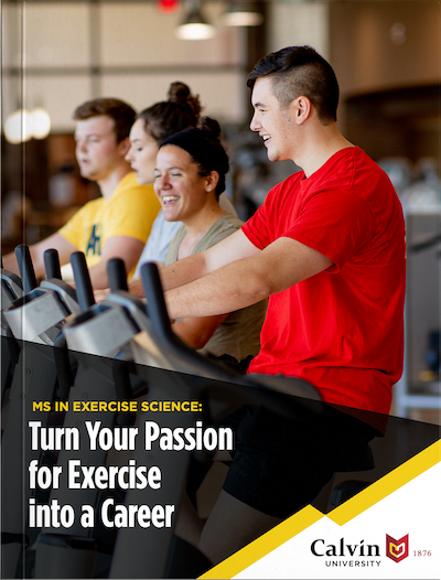 Four young adults exercise on cardio machines in a gym. Text on image promotes Calvin University's MS in Exercise Science program.