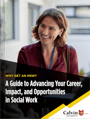 A smiling woman with a lanyard talks to someone; text on the image promotes a guide to advancing a career in social work from Calvin University.
